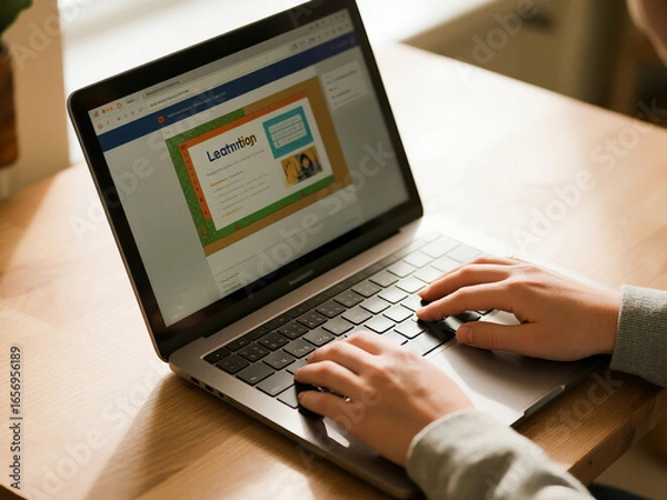 Fototapeta A pose of someone working in front of a laptop. The focus of this photo is only on the hands typing and a small part of the laptop screen.