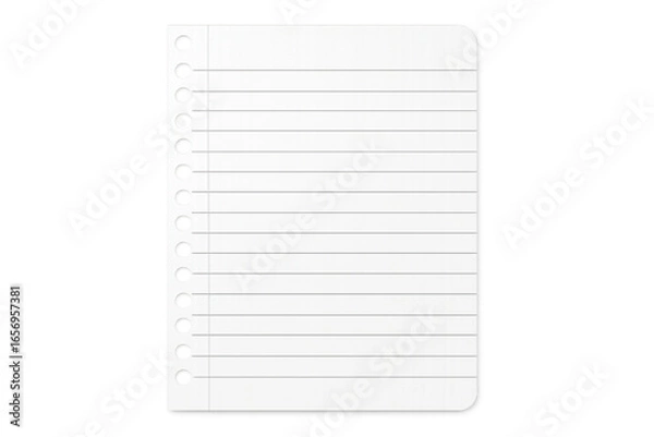 Obraz A single sheet of lined paper with holes on the left side isolated on a black background