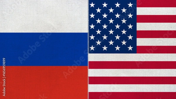Fototapeta The diagonal and stitched-aligned combined Russia and USA flags. Concept of Strategic negotiation, national relationship, Conflict, and War.