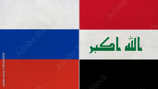 Fototapeta The diagonal and stitched-aligned combined Russia and Iraq flags. Concept of Strategic negotiation, national relationship, Conflict, and War.