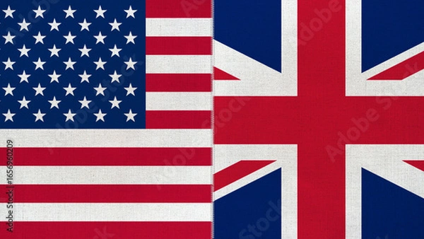 Fototapeta The diagonal and stitched-aligned combined USA and United Kingdom flags. Concept of Strategic negotiation, national relationship, Conflict, and War.