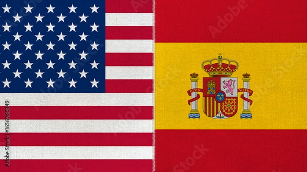 Fototapeta The diagonal and stitched-aligned combined USA and Spain flags. Concept of Strategic negotiation, national relationship, Conflict, and War.