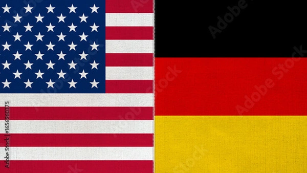 Fototapeta The diagonal and stitched-aligned combined USA and Germany flags. Concept of Strategic negotiation, national relationship, Conflict, and War.