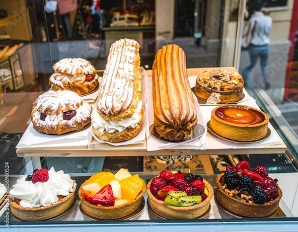 Fototapeta Display of various pastries in a shop window