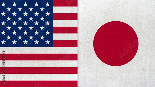 Fototapeta The diagonal and stitched-aligned combined USA and Japan flags. Concept of Strategic negotiation, national relationship, Conflict, and War.