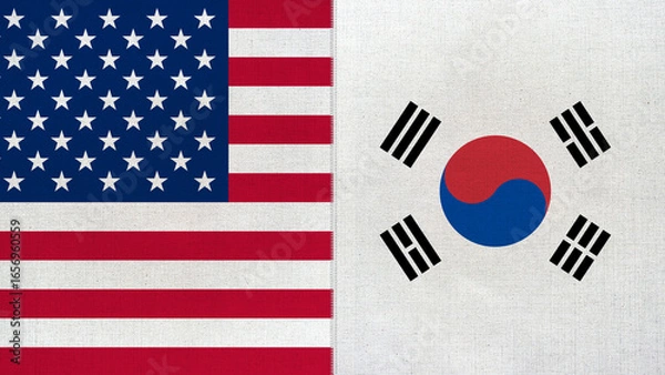 Fototapeta The diagonal and stitched-aligned combined USA and South Korea flags. Concept of Strategic negotiation, national relationship, Conflict, and War.