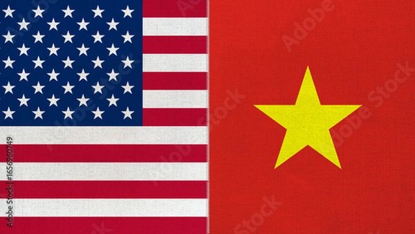 Fototapeta The diagonal and stitched-aligned combined USA and Vietnam flags. Concept of Strategic negotiation, national relationship, Conflict, and War.