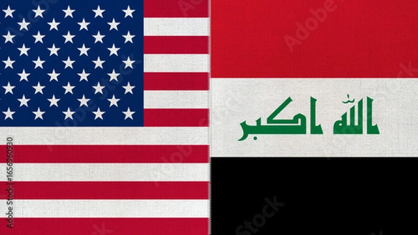 Fototapeta The diagonal and stitched-aligned combined USA and Iraq flags. Concept of Strategic negotiation, national relationship, Conflict, and War.
