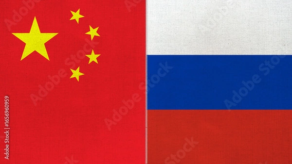 Fototapeta The diagonal and stitched-aligned combined China and Russia flags. Concept of Strategic negotiation, national relationship, Conflict, and War.