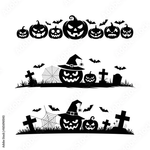 Obraz Spooky Halloween Pumpkins, Bats, and Tombstones Vector Design