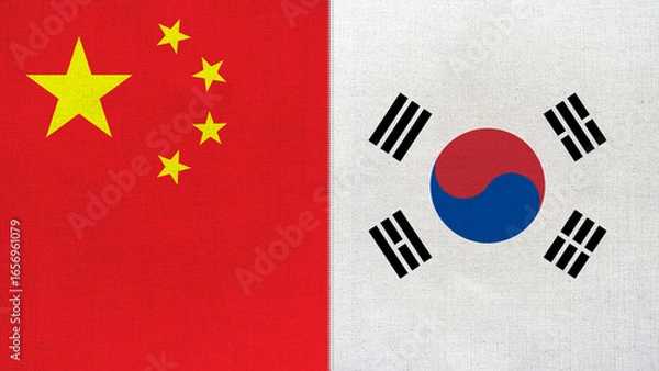 Fototapeta The diagonal and stitched-aligned combined China and South Korea flags. Concept of Strategic negotiation, national relationship, Conflict, and War.