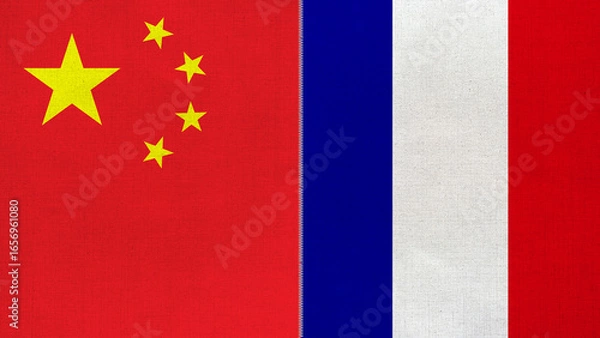 Fototapeta The diagonal and stitched-aligned combined China and France flags. Concept of Strategic negotiation, national relationship, Conflict, and War.