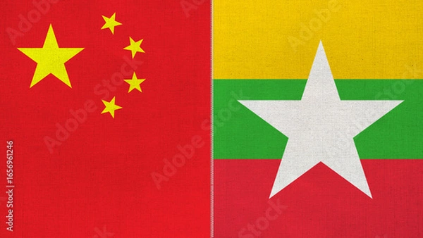 Fototapeta The diagonal and stitched-aligned combined China and Myanmar flags. Concept of Strategic negotiation, national relationship, Conflict, and War.