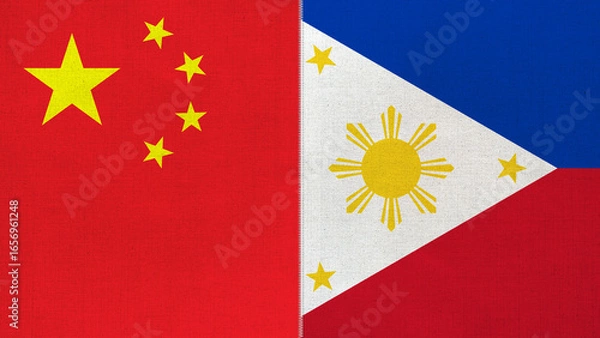 Fototapeta The diagonal and stitched-aligned combined China and Philippines flags. Concept of Strategic negotiation, national relationship, Conflict, and War.