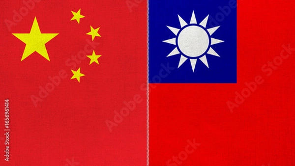Fototapeta The diagonal and stitched-aligned combined China and Taiwan flags. Concept of Strategic negotiation, national relationship, Conflict, and War.