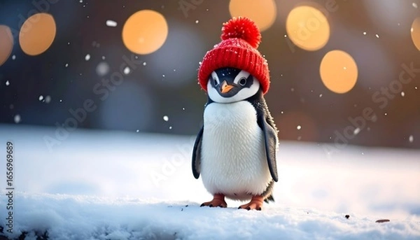 Fototapeta Adorable penguin wearing a red hat in the snow.