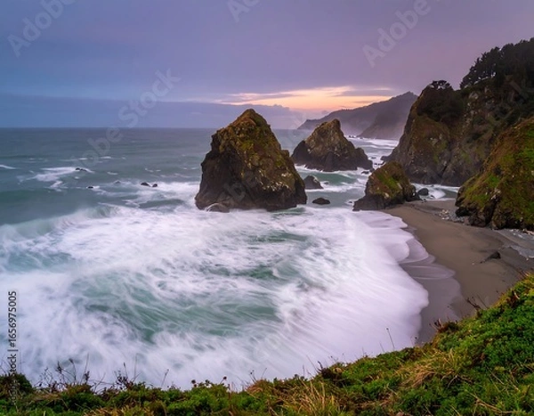 Fototapeta Dramatic coastal scene at dawn