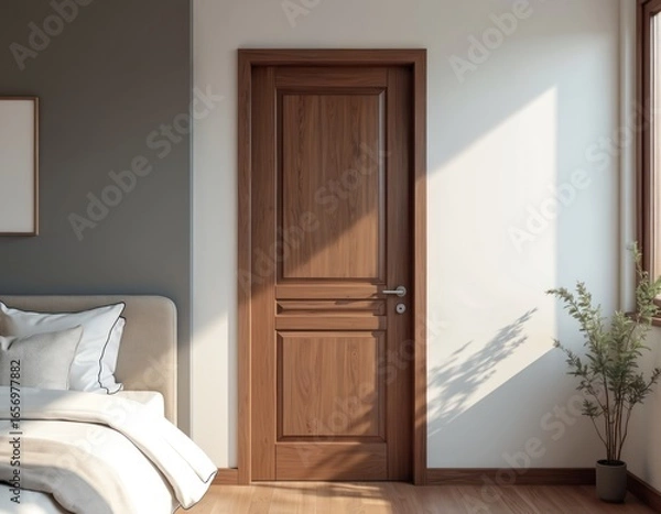 Fototapeta Natural wood interior door with classic panel design. Warm brown finish complements modern home decor. Smooth surface, silver handle, and subtle wood grain visible.