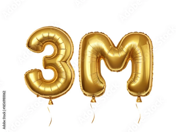 Fototapeta Golden 3m balloons celebrating three million followers or subscribers isolated on transparent background
