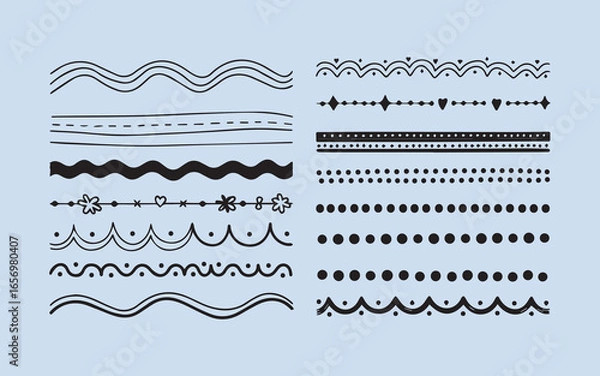 Fototapeta Collection of hand drawn decorative borders and lines with simple patterns