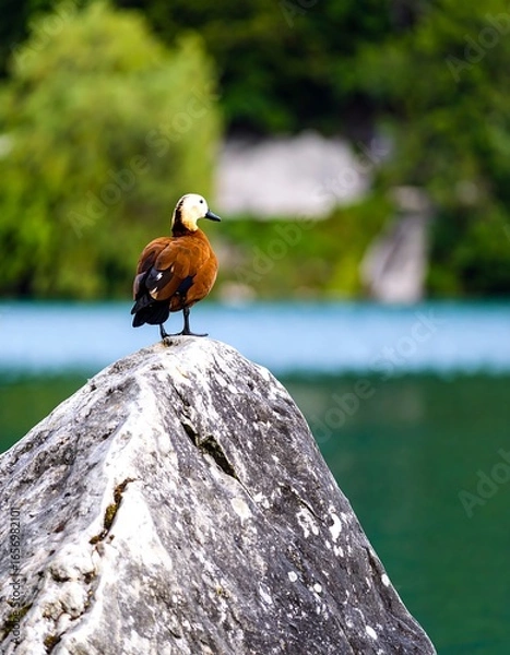 Fototapeta Duck perched on a rock by a lake