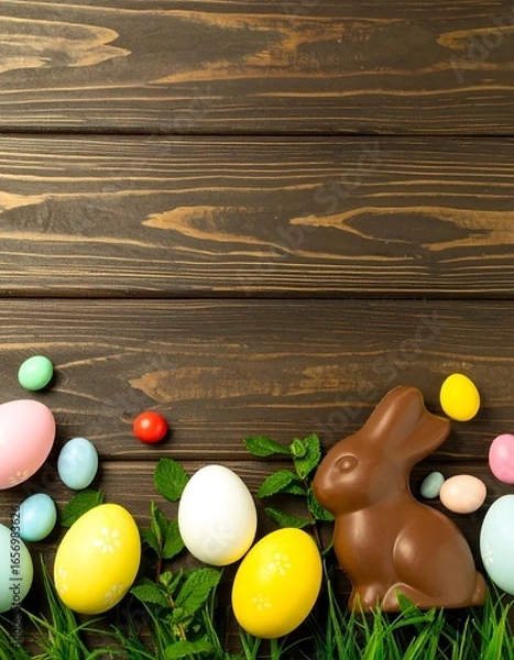 Fototapeta Easter eggs and chocolate bunny on wooden planks