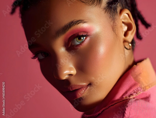 Obraz Close up portrait of a beautiful woman with pink makeup and green eyes