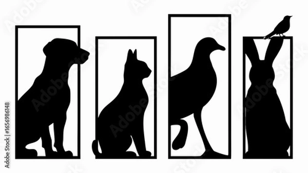 Fototapeta Black silhouettes of dog cat bird and rabbit in frames on a white background illustration design
