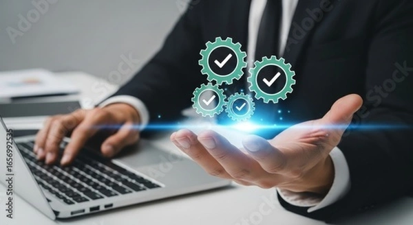 Fototapeta A businessman presents gears with check marks, symbolizing quality control, process management, and successful business operations with high standards and compliance