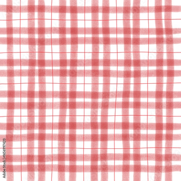 Fototapeta Red Plaid Gingham Check Hand Drawn Background Pattern Overlay