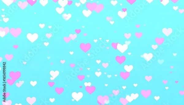 Fototapeta A vibrant background of many small hearts in shades of pink and white, scattered against a light turquoise backdrop.