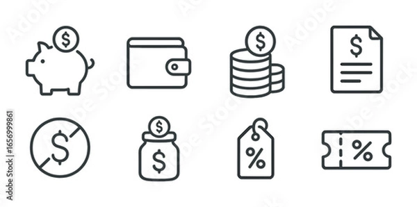 Obraz Budgeting Icons Set. Outline icon set of saving and budgeting: piggy bank, wallet, coin stack, budget list,