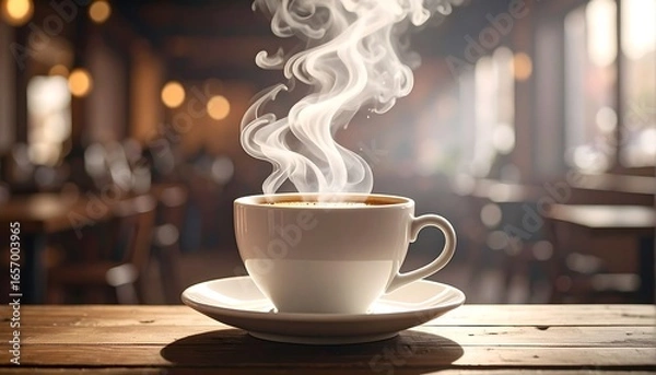 Fototapeta A steaming cup of coffee sits on a wooden table in a cafe, showcasing the warm and inviting ambiance.