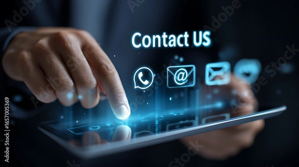 Fototapeta Person touching digital interface with contact icons and text hand finger