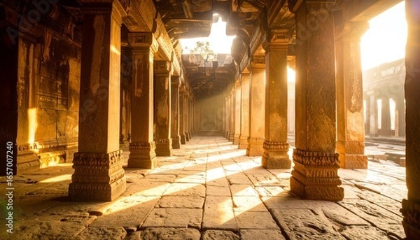 Fototapeta A sunlit colonnade of ancient stone structures, bathed in warm golden light, creating a serene and awe-inspiring atmosphere.