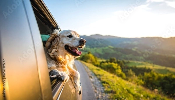 Fototapeta A golden retriever dog enjoys a scenic mountain vista while traveling in a car.