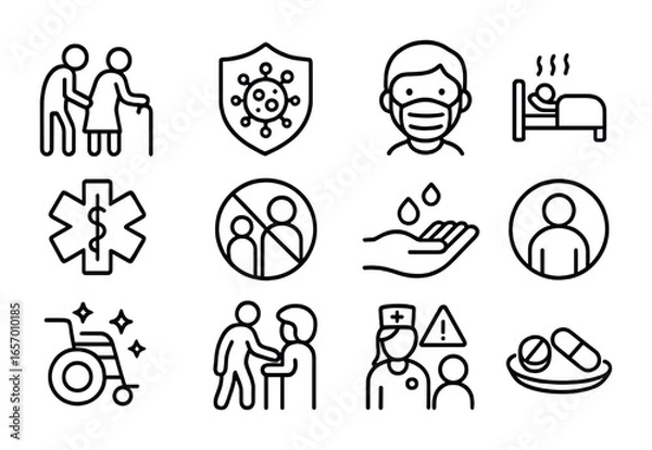 Obraz Vulnerable Care Icons. Outline icon set of protecting vulnerable populations: elderly care icon, immune system