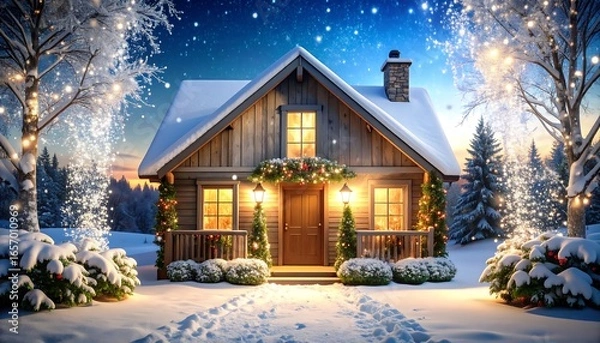 Fototapeta A cozy wooden cabin, adorned with Christmas lights and twinkling snowflakes, sits peacefully in a snowy winter landscape.