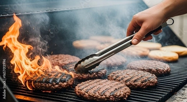 Fototapeta Closeup of a hand using tongs to flip juicy beef burgers cooking on a flaming hot grill