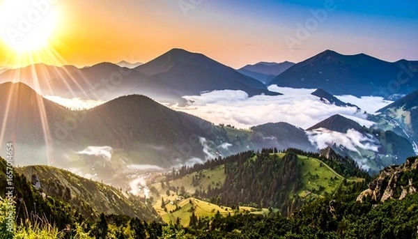 Fototapeta Panoramic vista of mountain ranges at sunrise, with valleys filled with morning mist and lush greenery.