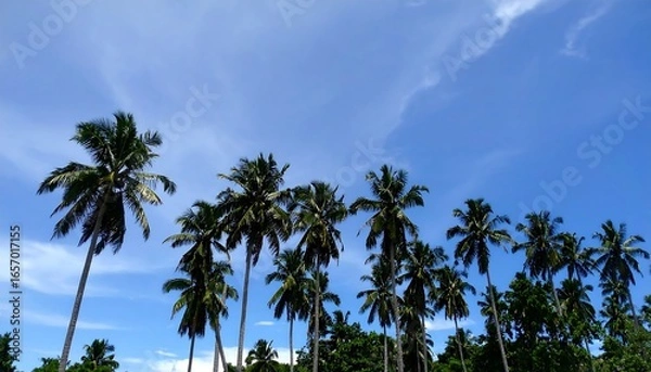 Fototapeta Palm trees against a vibrant blue sky.