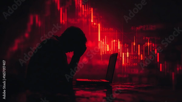 Fototapeta Silhouette person head in hands before red stock market graph image