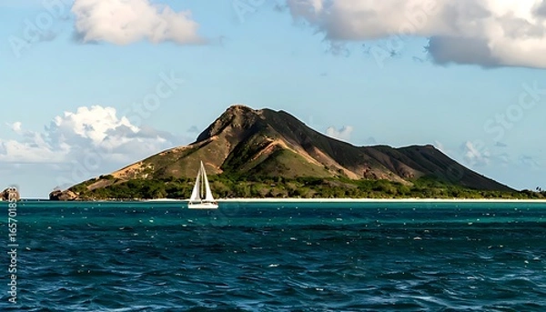 Fototapeta Sailboat on tranquil waters near a lush island.