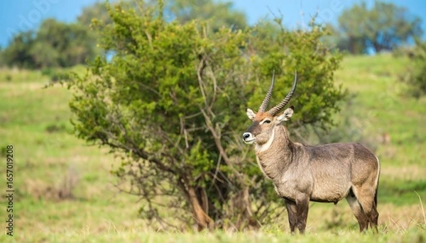 Fototapeta A wodebeest stands in a grassy savanna.