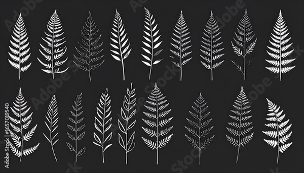 Fototapeta Set of detailed fern leaf illustrations on a dark background.