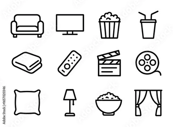 Fototapeta Home Theater Icons. Outline icon set of weekend home theater: couch, TV screen, popcorn bucket, soda cup,