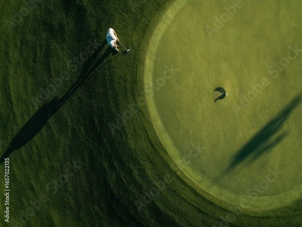 Fototapeta Aerial shot of a man taking a golf action shot and putting on the green
