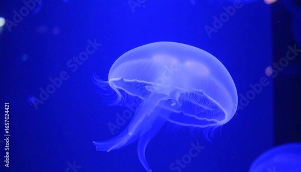 Fototapeta A luminous jellyfish floats serenely in a vibrant blue aquarium.
