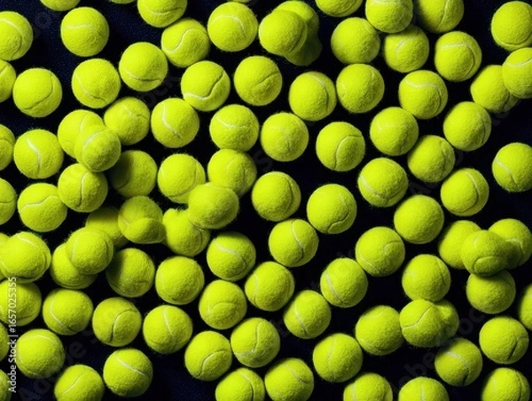 Fototapeta Countless amount of yellow tennis balls are scattered on a dark background