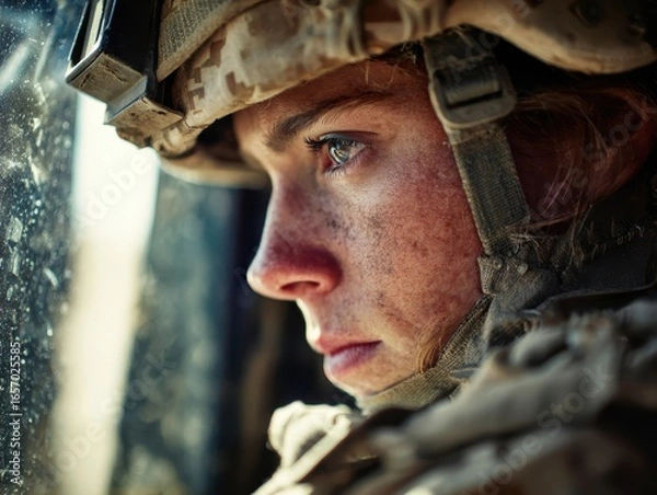 Fototapeta Courageous female soldier returning home from the army